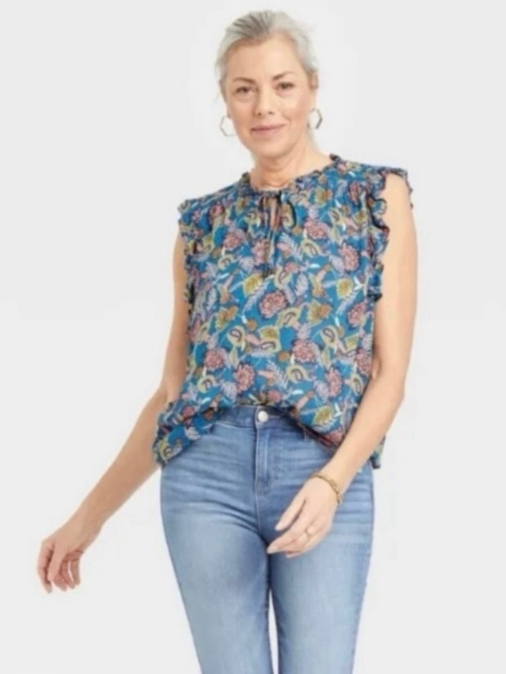 Knox Rose Blue Floral Sleeveless Blouse Top Size XS Bohemian Hippie NWT